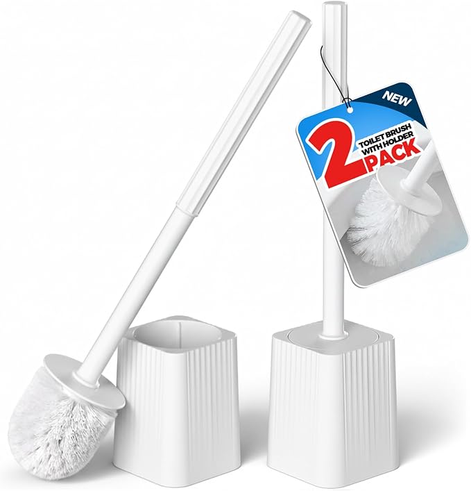 FORASTO 2Pack Toilet Bowl Brush and Holder Set - Restroom Cleaning Supplies | Ergonomic Handle, Bathroom Decor Accessories, Apartment Must Haves, Home Essentials for New Home, Cleaning Supplies
