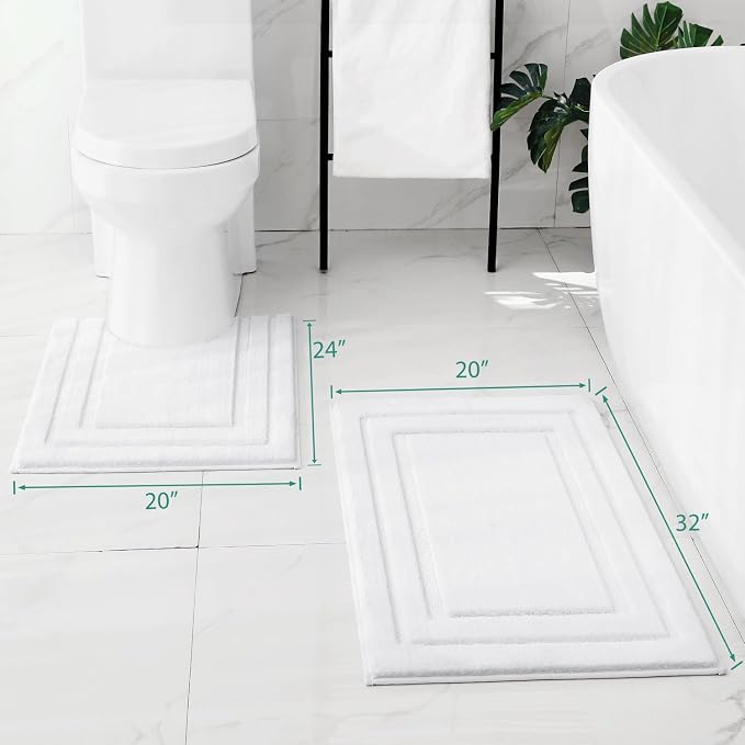 HOMEIDEAS Bathroom Rugs Sets 2 Piece, Super Soft and Absorbent Non Slip Microfiber U-Shaped Toilet Bath Mat Set (20"x32"+U20 x24, White) | Super Soft and Absorbent Non Slip Microfiber Bath Rug，Machine Washable, for Bathroom, 20"x32"+U Shape 20"x24"