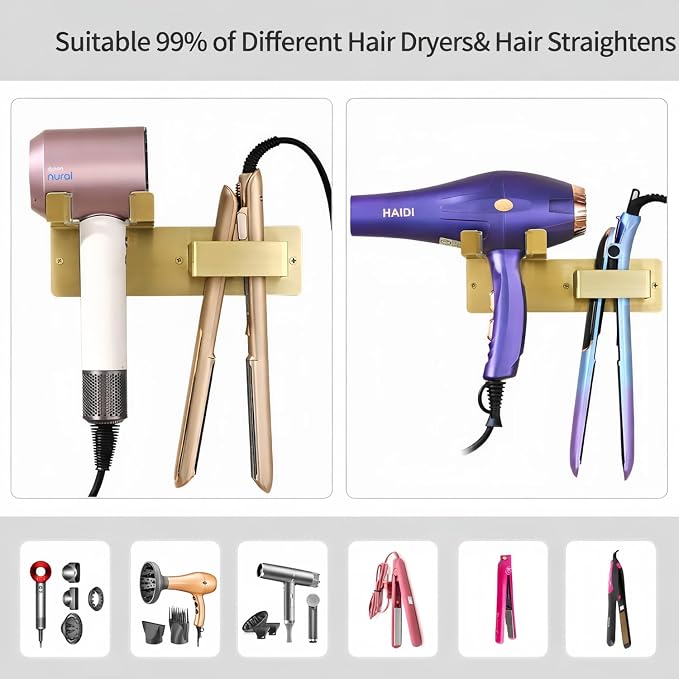 Hair Dryer and Straightener Holder, Stainless Steel Hair Dryer Stand for Bathroom, Hair Dryer Holder Wall Mounted Adhesive or Drilling, Hair Tool Organizer for Salon Barber Shops Gold BANJEKT