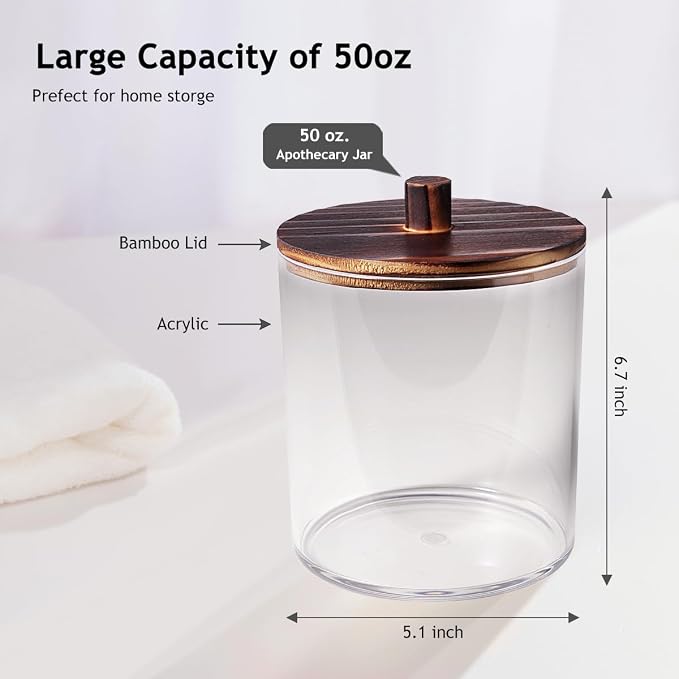 SheeChung 2 Pack 50 Oz Dark Wood Lid Large Apothecary Jar - Rustic Farmhouse Laundry Room Decor - Container for Bathroom Organization - Clear Storage Canister for Scent Beads & Salts