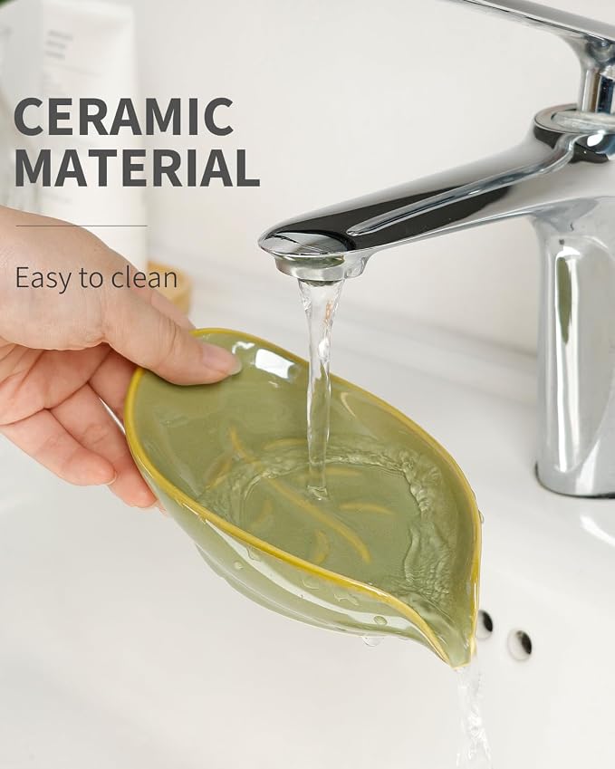Soap Holder, Self-Draining Soap Dish, Leaf Shape Ceramic Bar Soap Holder Drain Soap Dishes for Bathroom Sink Kitchen, Easy to Clean Keeps Soap Dry, Olive Green, ANTIS'S HOME
