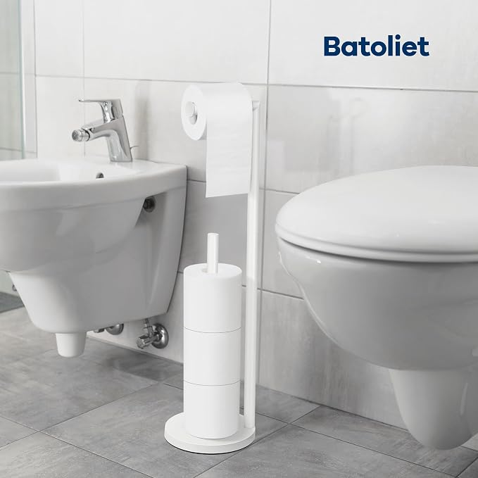 Toilet Paper Holder Stand, Bathroom Free Standing with Storage, White | Rustproof Toilet Paper Roll Holder for 4 Rolls,with Non-Slip Stable Base,Bathroom Organizers and Storage