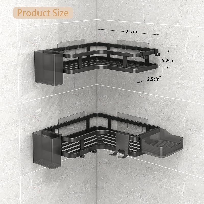 Shower Shelves Corner: Adhesive Shower Caddy with Soap Holder, Sturdy Rustproof Aluminum Bathroom Organizer Rangement Douche, Washroom Accessories Storage Holder, Black