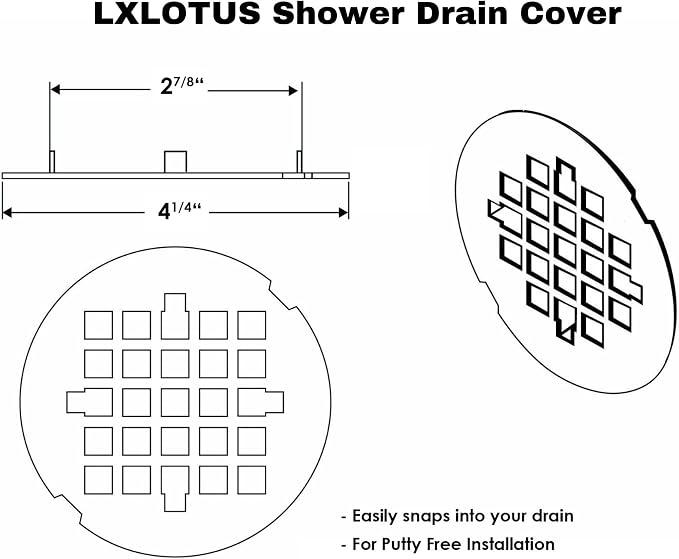 4 ¼” Polished Gold Snap-in Shower Drain Cover - Polished Brass Replacement - 4.25" OD Shower Drain Strainer - Easy Install - Premium Round Shower Drain Cover - Solid Brass Construction