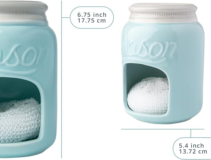 Comfify Aqua Blue Mason Jar Ceramic Sponge Holder – Farmhouse Sink Caddy | Aqua Blue; mason jar ceramic; 5"H x 3.75" diameter; includes nylon scrubby; embossed 'MASON'; decorative lid; farmhouse