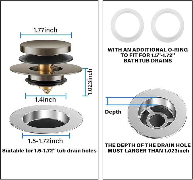 Bathtub Drain Stopper, Tub Plug for 1.5"-1.72" Regular Drains | Universal Pop Up Tub Stopper Replacement for Tip Toe/Trip Lever/Lift&Turn Tub Drains, 3 O-Rings,Brushed Silver
