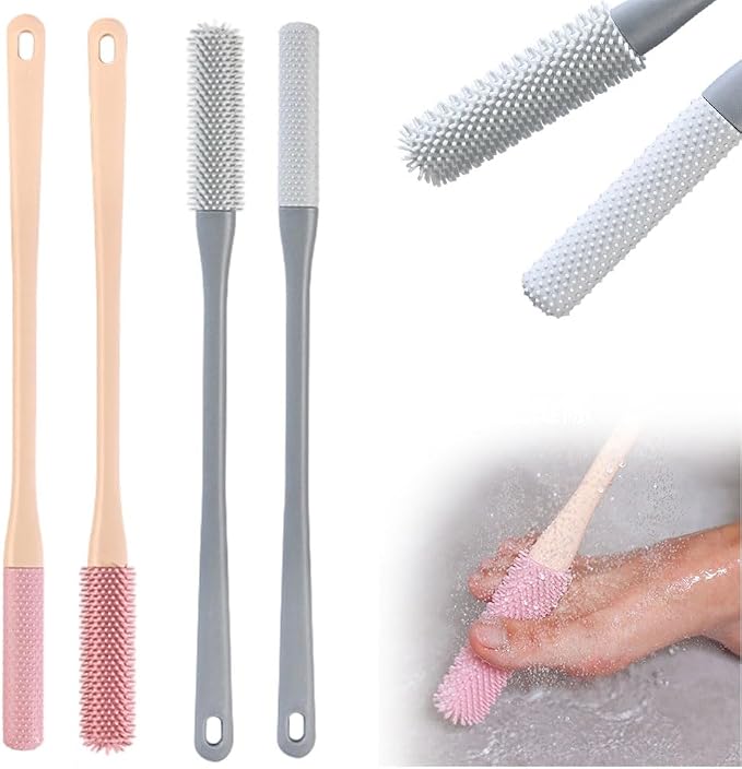 Long Handled Silicone Toe Crevice Cleaning Brush & Exfoliating Brush, 2025 New Soft Rubber Toe Cleaning Tool, Foot Scrubber Shower Feet Care for Seniors, Elderly, Men and Women (Pink+Grey)