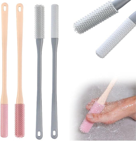 Long Handled Silicone Toe Crevice Cleaning Brush & Exfoliating Brush, 2025 New Soft Rubber Toe Cleaning Tool, Foot Scrubber Shower Feet Care for Seniors, Elderly, Men and Women (Pink+Grey)