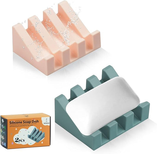 Self Draining Silicone Soap Dish Holder Waterfall Tray, 2 Pack Green Pink | Waterfall design drains fast to keep soap dry, non-slip silicone base anti slide, soap saver for bathroom & kitchen