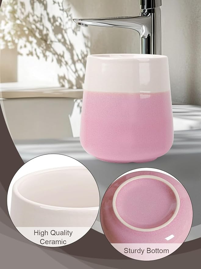 INGOFIN Ceramic Toothbrush Holder Cup, 12 oz Toothpaste Holder for Bathroom Vanity and Countertop, Organizer for Cosmetic, Makeup, Office Pencils, for Hotel Apartment, Beige and Pink
