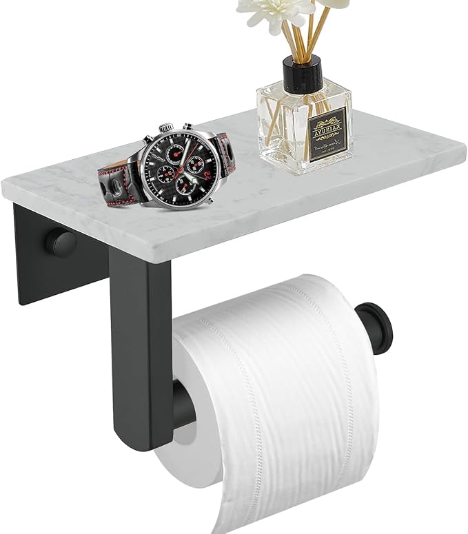 BWE Matte Black Toilet Paper Holder with Marble Shelf, Toilet Paper Roll Holder Wall Mounted, Toilet Paper Roll Holder with Phone Shelf 304 Stainless Steel Tissue Holder for Bathroom Washroom