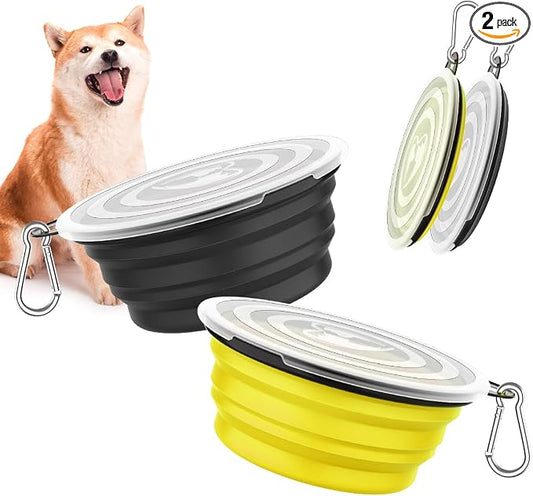 Pawaboo Collapsible Travel Dog Bowls 2 Pack with Lids&Carabiners Silicone | Feeding Watering Bowls for Dogs Cats, Collapsable Water Feeder Food Bowl for Walking Traveling Home Use, Yellow + Black