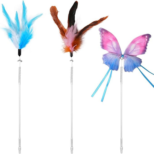 Pawtners 1 Pcs Fluttering Butterfly and 2 Pcs Feather Rods for Cat Toys | 1 Pack Fluttering Butterfly Replacement and 2 Pack Feather Rods for 4 in 1 Interactive Cat Toys Rechargeable Kitten Toys