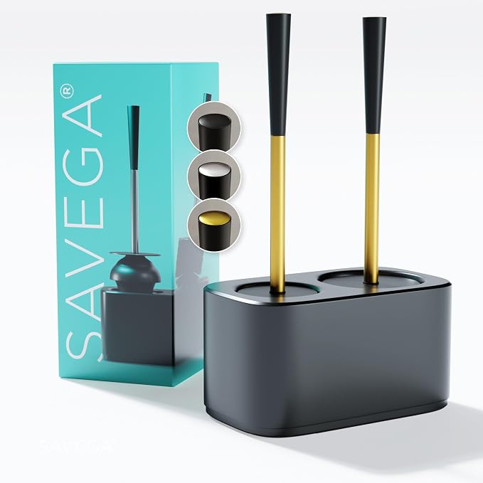 2-in-1 Toilet Bowl Brush and Plunger Set with Caddy – Gold | All-in-one toilet bowl brush and plunger combo with a compact plastic caddy & steel handles in gold