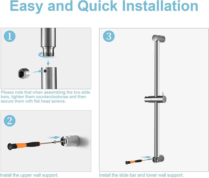 OFFO Shower Slide Bar 33 in Segmental Slide Bar Adjustable Installation Distance 20-32 in with 360° Adjustable Handheld Shower Head Holder for Bathroom, Screw Wall Mounted, Chrome Finish