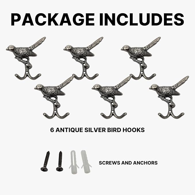 6 pcs Antique Silver Bird Decorative Wall Hooks for Hanging Coats, Keys, Towels, Bags, and More