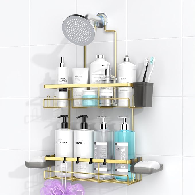 Hanging Shower Caddy Over Showerhead - Rustproof No Drill Shower Organizer | Includes Soap Holder and Hooks for Shampoo, Conditioner, and Bathroom Essentials with Quick Drainage Design