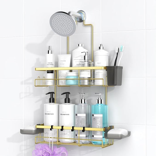 Hanging Shower Caddy Over Showerhead - Rustproof No Drill Shower Organizer | Includes Soap Holder and Hooks for Shampoo, Conditioner, and Bathroom Essentials with Quick Drainage Design