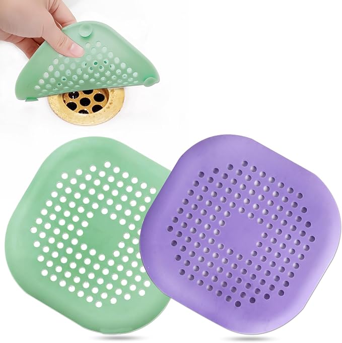 Bovinde Hair Drain Catcher,Square Cover for Shower 2 Pack (Purple Green) | Drainer Cover Silicone Hair Stopper with Suction Cups,Protector Accessories,Easy to Install Suit for Bathroom,Bathtub,Sink