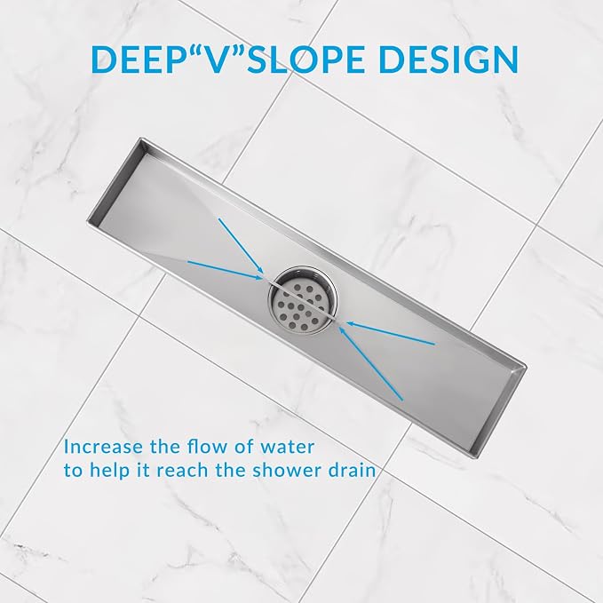 28 Inch Linear Shower Drain Silver Floor Drain for Bathroom Kitchen Rectangular 2 in 1 Floor Drain Tile Insert Cover 304 Stainless Steel Easy Install with Hair Strainer, Adjustable Leveling Feet