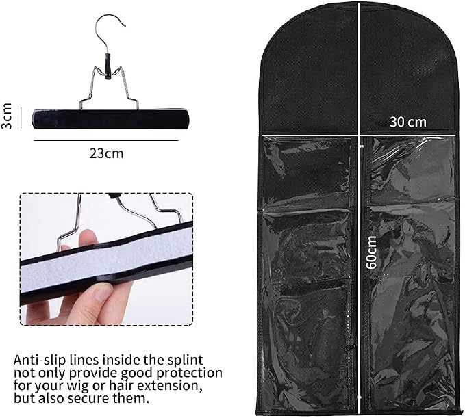 Wig Bags Storage With Hanger- 3PCS Hair Extensions Storage Bag Hair Hangers For Extensions Hairpieces Storage Holder (black)