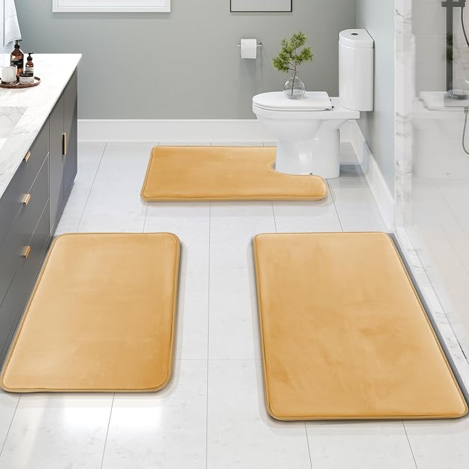 Clara Clark 3 Piece Bathroom Rugs Bath Mat Set, Velvet Memory Foam Bath Mats for Bathroom - Non-Slip, PVC Backing Bath Rugs, Washable - Dries Quickly, Beige