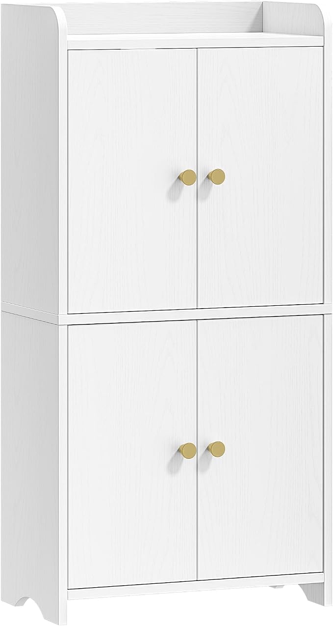 HEXCELEN Small Storage Cabinet, Bathroom Storage Cabinet with 4 Doors, Floor Bathroom Organizer Freestanding for Small Spaces, Living Room, Kitchen, Entryway (Modern Minimalism, White)