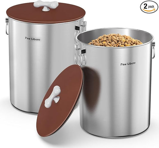 Paw Libero 2PK 25 Lbs Stainless Steel Dog Food Storage Container with Airtight Lid & Ceramic Bone Handle, Large Metal Dog Food Bin for Dogs & Cats, Keep Fresh, Easy to Clean