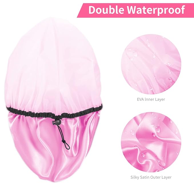 Auban Shower Cap for Women, Adjustable Reusable, Extra Large, Double-Layer Waterproof Bathing Cap, Waterproof Exterior, EVA Lining, Hair Cap for All Hair Lengths, 3 Colors