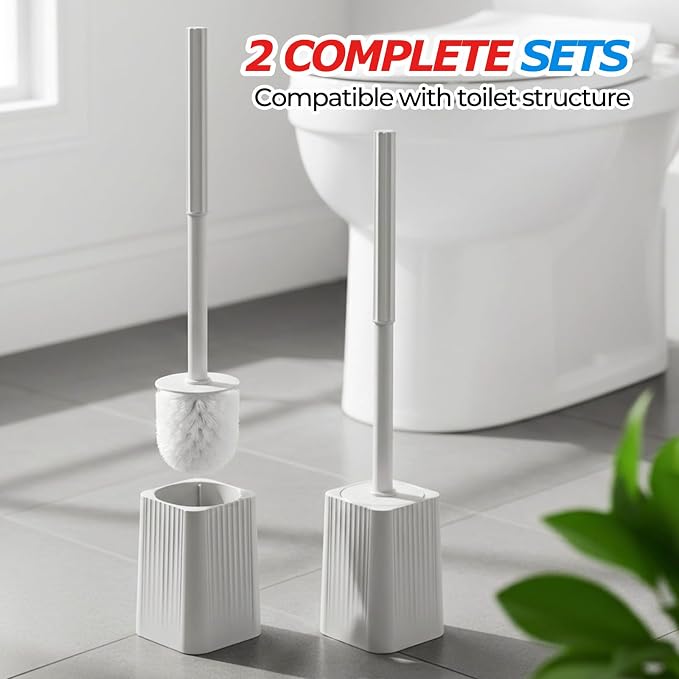 FORASTO 2Pack Toilet Bowl Brush and Holder Set - Restroom Cleaning Supplies | Ergonomic Handle, Bathroom Decor Accessories, Apartment Must Haves, Home Essentials, Cleaning Supplies, Light Gray