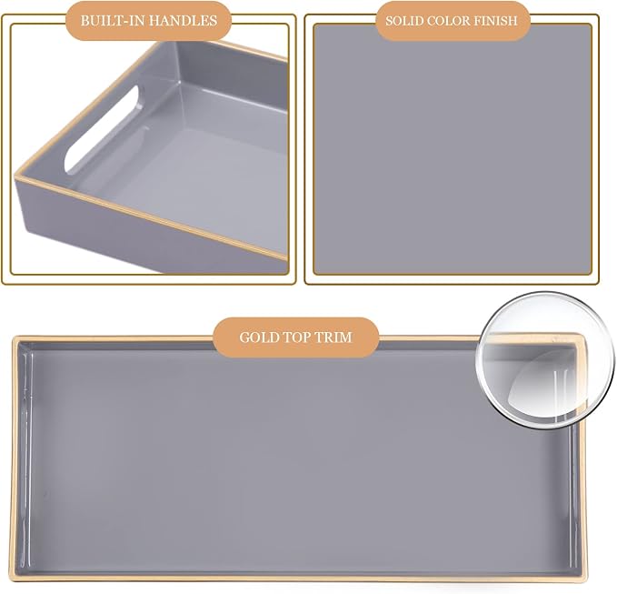 MAONAME Gray Bathroom Tray, Plastic Vanity Tray, Long Narrow Countertop Trays with Handles, Perfume Organizer Trays for Dresser, Bathroom Accessories, 13.8" x 6" x 1.57"