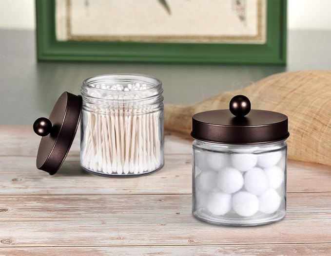 SheeChung Glass Mason Jar Qtip Holder, Bronze Stainless Steel Lids, 2 Pack | Clear Apothecary Jar Canisters Set,Bathroom Jar Dispenser,Vanity Storage Organizer for Cotton Swab,Ball,Floss,Farmhouse Decor