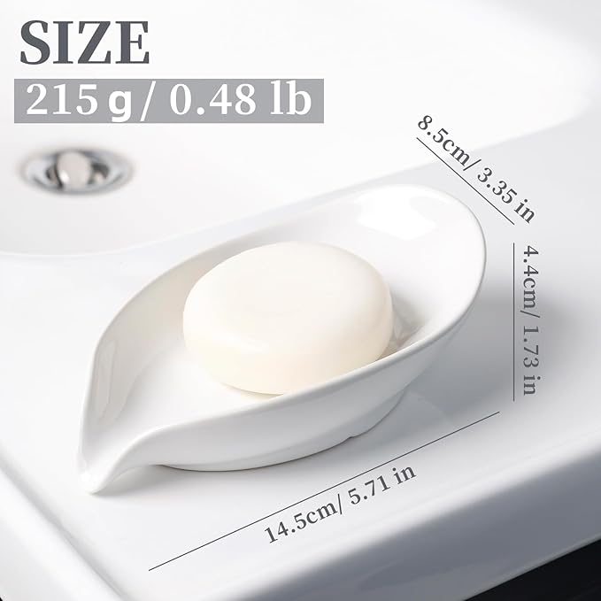Soap Dish 2PCS, Self-Draining Bar Soap Holder, Leaf Shape Ceramic Drain Soap Dishes for Bathroom Kitchen, Easy to Clean Keeps Soap Dry, White, ANTIS'S HOME