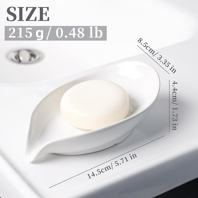 Soap Holder, Self-Draining Soap Dish, White Leaf Shape Ceramic Bar Soap Holder Drain Soap Dishes for Bathroom Sink Kitchen, Easy to Clean Keeps Soap Dry, ANTIS'S HOME