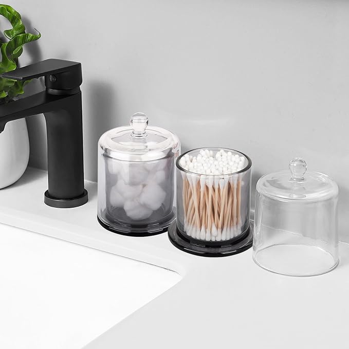 Qtip Holder Apothecary Jars with Lid, 2 Pack Thick Glass, Gray | Bathroom Canisters Vanity Organizer for Cotton Balls, Swabs, Candy, Jewelry, Makeup Storage, Bathroom Decor
