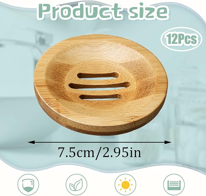 12 Pcs Bamboo Soap Dishes, Wooden Soap Tray Soap Holder, Shampoo Bar Holder Bar Soap Holder for Bathroom, Kitchen (Round)