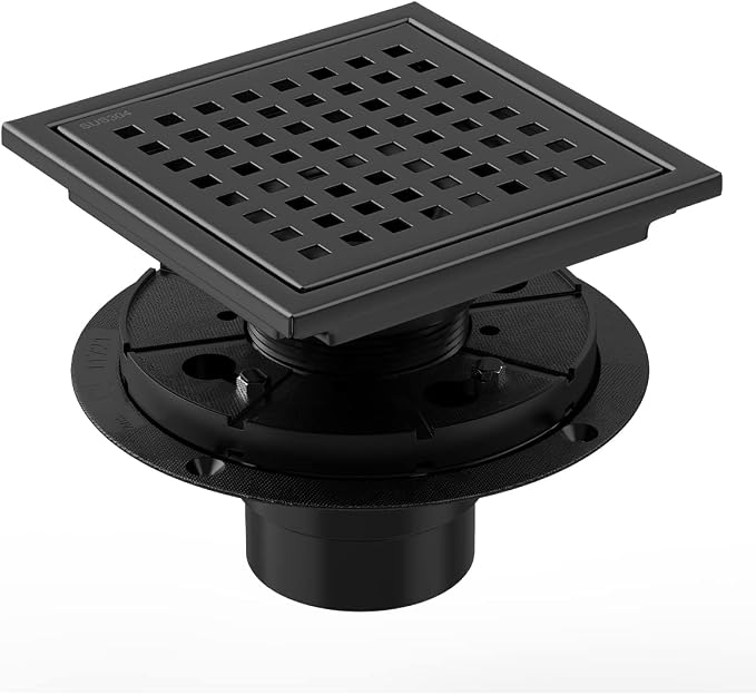 Matte Black Shower Drain 6 Inch with Flange CUPC Certified- Made of 304 Stainless Steel, Square Drain Includes Removable Cover Grid Grate, Hair Strainer,Thread Adapter