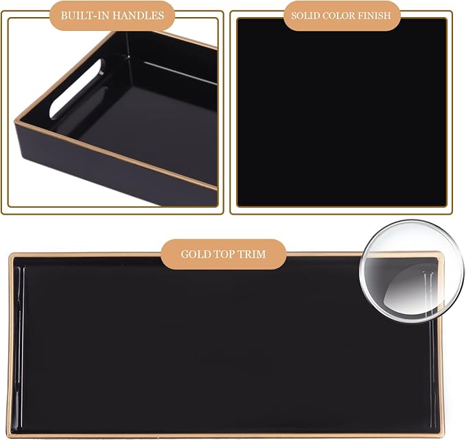 MAONAME Black Vanity Tray Set of 2, Plastic Decorative Tray with Handles, Small Narrow Trays, Rectangular Bathroom Trays for Toilet Tank, 13.8" X 6" X 1.57"