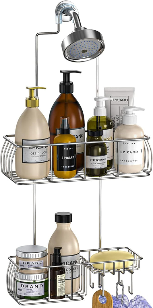Epicano Shower Caddy Hanging Over Head, Chrome,Stainless Steel | Rustproof,4 Hooks for Towels,Sponge and & Bathroom Accessories,Anti-Swing Suction Cups & Adhesive hooks