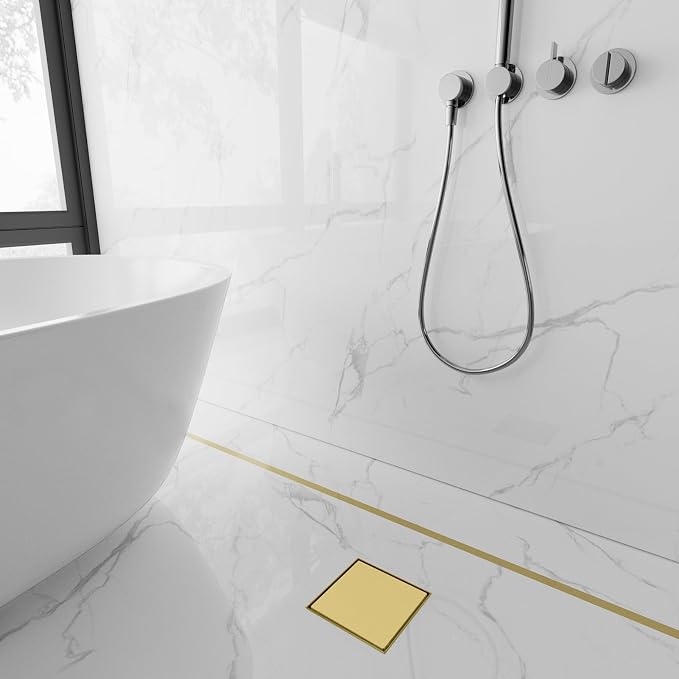 6-Inch Square Shower Drain with Tile Insert Grate, SUS 304 Stainless Steel Shower Floor Drain Kit with Hair Strainer (Brushed Gold)