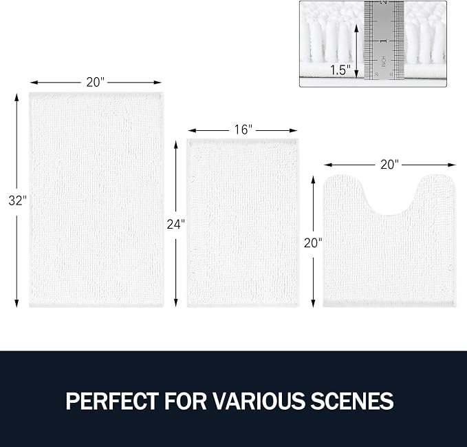 LINLA 3 Pieces Bathroom Rug Set, Absorbent Non Slip Chenille Bath mat | Absorbent Thick Plush Chenille Carpet Mats Set,Washable Dry Quickly with U-Shaped Toilet Mat for Tub, Shower