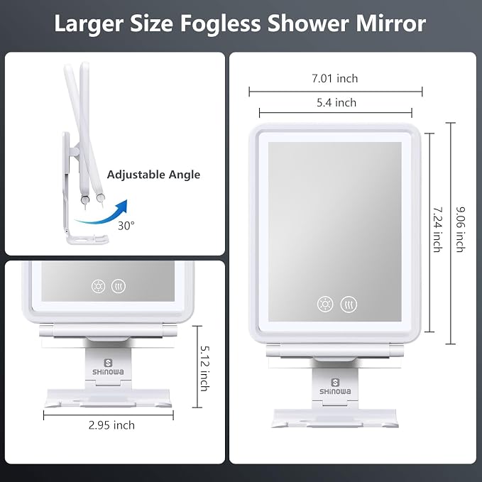 Heated Shower Mirror Fogless for Shaving, Anti-Fog Mirror for Shower | 3 Colors Stepless Dimmable Lights, 5000mAh Rechargeable Battery with Razor Holder, No-Drilling, Light Memory Function