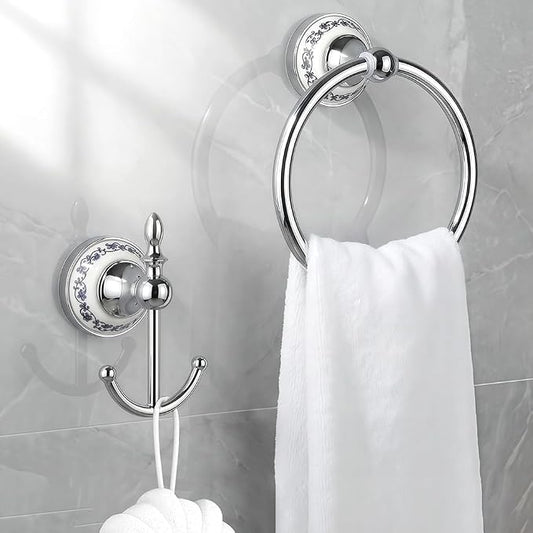 2 pcs Silver Towel Ring Hook Holder Wall Mount Rack Blue&White Porcelain Ceramic Base Stainless Steel Old Chinese Decor