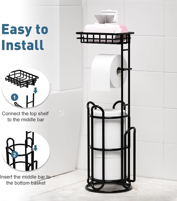 [Upgrade] Toilet Paper Holder Stand with Shelf Tissue Holders for Bathroom Free Standing Bath Tissue Roll Holder Magazine Rack for Mega Rolls/Phone/Wipe-Black