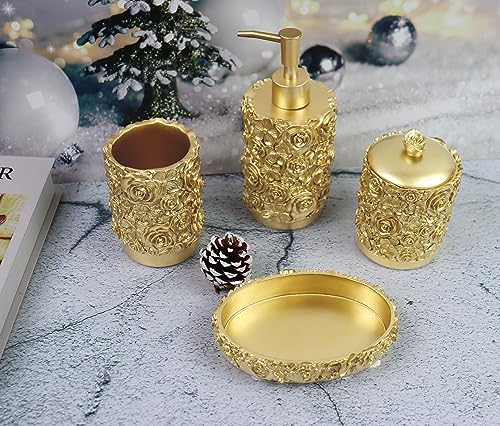 Hymmah Gold Bathroom Accessories Set,Rose Design Bathroom Set,Farmhouse Bathroom Decor,4 Pcs Resin Gift Set Apartment Necessities, Contain Cotton Swab Jar,Soap Dispenser,Soap Dish,Tumbler White