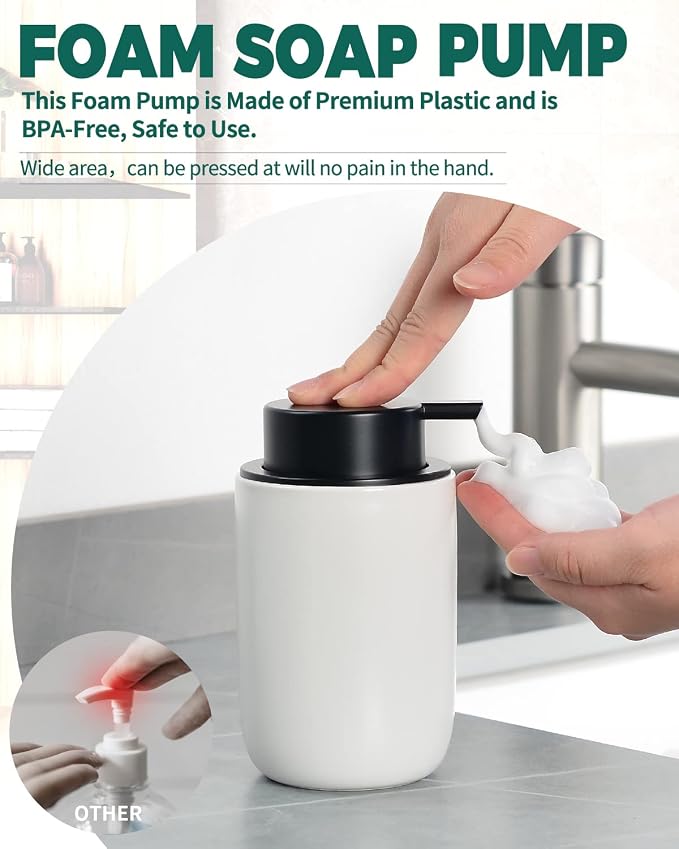 BosilunLife Foam Soap Dispenser, Hand Pump Dispenser for Kitchen Sink | Ceramic Foaming Hand Dispenser for Bathroom Modern Farmhouse Small Soap Dispenser (White)