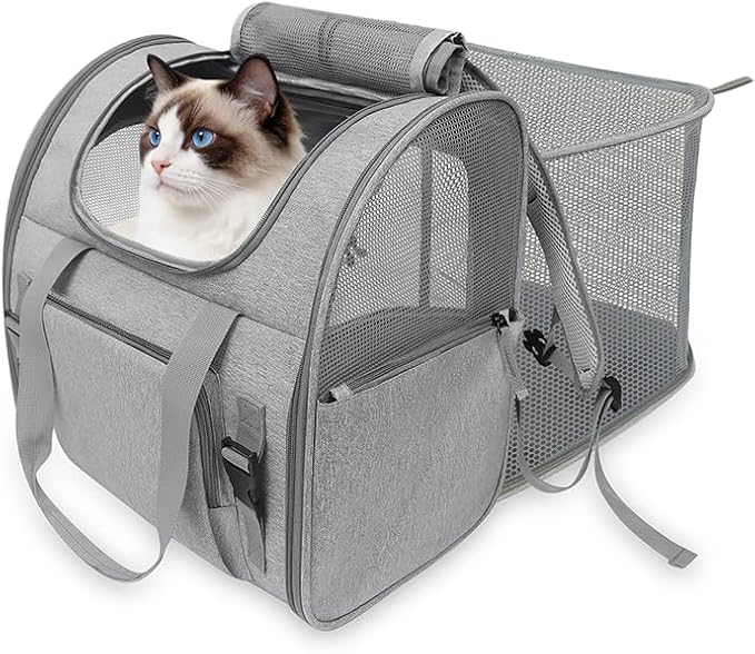 Cat Backpack Carrier, 16.5" Extra Wide Expandable Large Pet Carrier | Backpack for Cats & Small Dogs Up to 20lbs – Foldable with Breathable Mesh, 16.5"x14.9"x9.8" for Hiking & Air Travel (Grey)