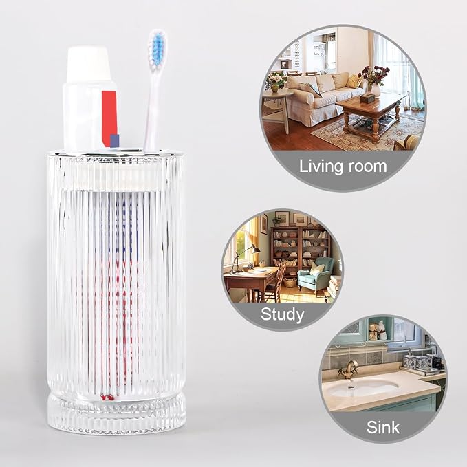 Toothbrush Holders for Bathrooms, 2pcs Clear Glass Toothbrush Holder, 14oz Bathroom Tumbler and Mouthwash Cup, Silver Tooth Brush and Toothpaste Organizer for Bathroom Vanity Countertop Decor