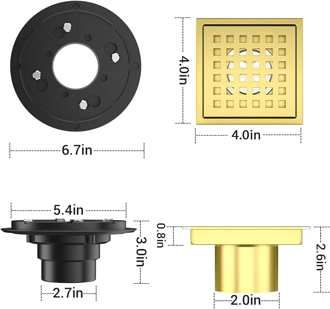 4 Inch Square Shower Drain Brushed Gold with Removable Quadrato Pattern Grate, SUS 304 Stainless Steel Floor Drain with Flange