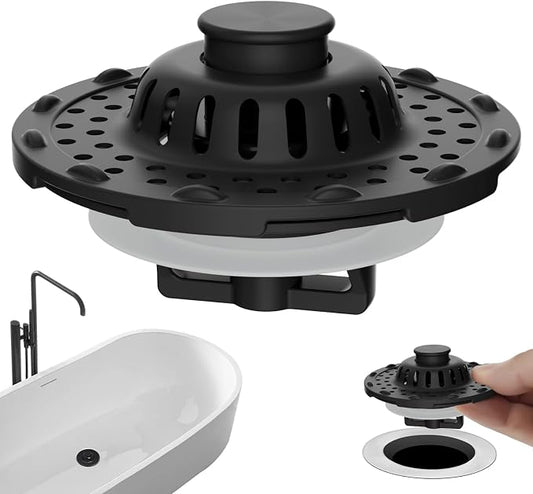 Universal Bathtub Drain Stopper All Metal Top Hair Catcher, Matte Black | Shower Drain Tub Stopper with Stainless Steel Visible Filter Basket, Upgraded 3 in 1 Pop-up Drain Plug for 1.5 to 2.4" Hole